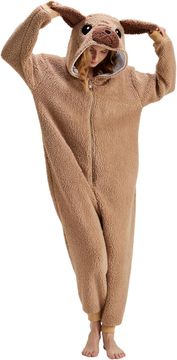 Kigurumi Onesie Pižama Mops Unisex, Mehka in Udobna Enodelna Kombinezon za Prost Čas in Zabave, Bež, Velikost XL, Termični Material, 2 Stranska Žepa, Popolna Svoboda Gibanja