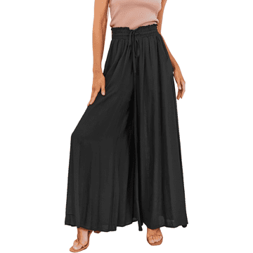Nikcorp Ženske široke voljne hlače wide leg visok pas z elastičnim pasom in vrvico črne XL 95% poliester 5% elastan zračne poletne casual elegantne z žepi