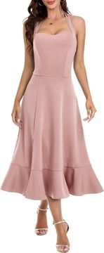 Nikcorp koktajlna obleka ženska Elegantna halter izrez srce A kroj tea length roza asimetrični razporek z volančki L midi večerna poroka ples zmenek