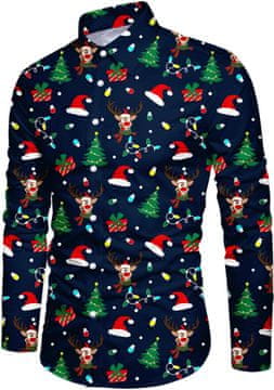 Nikcorp moška božična srajca jelen, 3D tisk, dolg rokav, regular fit, gumbi po celotni dolžini, klasičen ovratnik turn-down, mešanica bombaž poliester spandex, udobna elastika, velikost XL