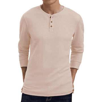 Nikcorp Moška majica Henley dolg rokav vafeljasta pletenina bež XL, casual regular fit, okrogel izrez na gumbe, dihajoč elastični material, topla mikro izolacija