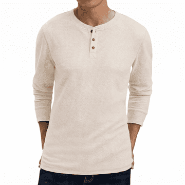 Nikcorp Moška majica Henley M bež long sleeve reliefna vafljasta pletenina waffle knit regular fit zapenjanje na gumbe dihljivo 65% poliester 30% viskoza 5% elastan