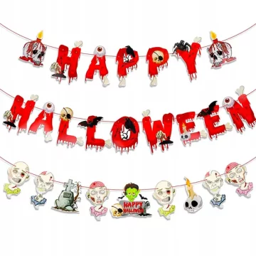 Nikcorp Halloween viseči napis girlanda komplet karton 1 napis 1 viseča girlanda Happy Halloween rdeče črke grobovi lobanje zombiji 18 cm 15 cm rdeči trakovi