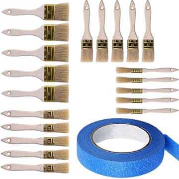 Rosfix Zestaw malarski: 20x Pędzle + BlueTape 40mm/50m - Zestaw malarski z naturalnym włosiem i taśmą HQ | Różne rozmiary | Do farb wodnych