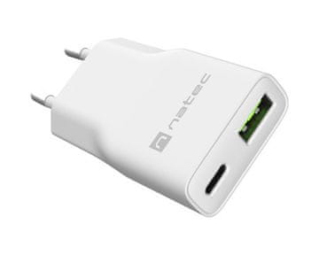 Natec Ribera Slim polnilec, 20 W, USB-A, USB-C, GaN, bel