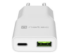 Natec Ribera Slim polnilec, 20 W, USB-A, USB-C, GaN, bel