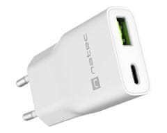 Natec Ribera Slim polnilec, 20 W, USB-A, USB-C, GaN, bel