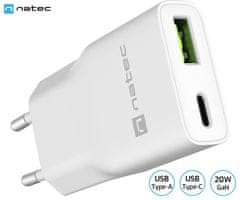Natec Ribera Slim polnilec, 20 W, USB-A, USB-C, GaN, bel