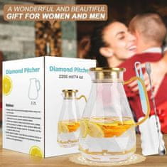 HOME & MARKER® Stekleni vrč 2,2 L z nerjavečim pokrovom, toplotno odporen borosilikat, eleganten diamantni vzorec | DIAPOUR