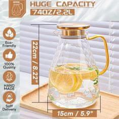 HOME & MARKER® Stekleni vrč 2,2 L z nerjavečim pokrovom, toplotno odporen borosilikat, eleganten diamantni vzorec | DIAPOUR