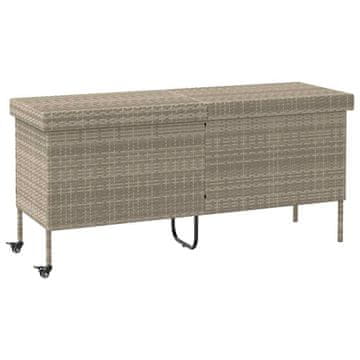 Vidaxl Vrtna shranjevalna škatla s kolesi svetlo siva 160x55x75 cm poli ratan