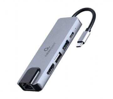 Gembird A-CM-COMBO5-04 USB Type-C 5-v-1 večportni 4K adapter PD 65W (USB A / C (PD) / HDMI / RJ 45)