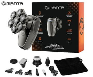 Manta PRO HS-02CH Shavio brezžični strižnik, 8 nastavkov, IPX7, USB-C, srebrn (Midnight Chrome) + dodatki