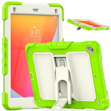 Nikcorp Zaščitni ovitek za iPad Air 2 9,7 ovitek s stojalom in naramnim trakom polikarbonat PC TPU trislojna zaščita udarci praskami zložno stojalo ergonomski ročaj zelen
