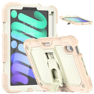 Nikcorp Zaščitni ovitek za iPad Mini 6 8.3 roza barve, trislojno PC+TPU ohišje, silikonski zadnji del, zložljivo stojalo 360°, ročaj, nosilec za pisalo, nastavljiv trak na ramo