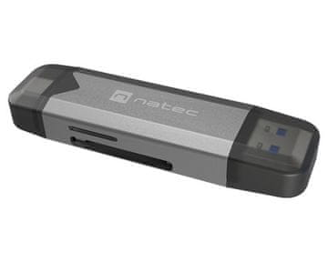 Natec SCARAB 3 čitalnik spominskih kartic, konektor USB-A in USB-C, max 2TB, črno-siv