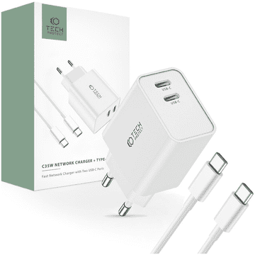 Tech-protect TECH-PROTECT C35W OMREŽNI POLNILEC Z 2 PRIKLJUČKOMA PD35W + KABEL TYPE-C, BEL