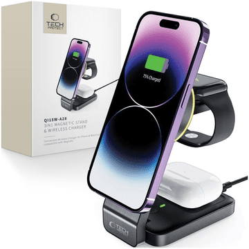 Tech-protect QI15W-A28 3-v-1 MAGNETNI BREZŽIČNI POLNILEC MAGSAFE ČRNEGA OBLIKE