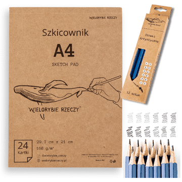 shumee SVINČNIKI ZA SKICIRANJE x12, SKICIRNI ZVEZEK A4, RISALNA TABLICA, KOMPLET 24 KARTIC