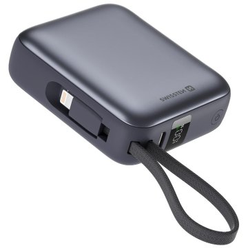 Swissten Power bank 10000 mAh z integriranimi kabli - USB-C, A, Lightning / siva