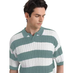 Nikcorp Moška polo majica HYPESTFIT črtast retro vintage z rebrasto pletenino kratki rokavi elegantna zelena S, 100% poliester, smart casual