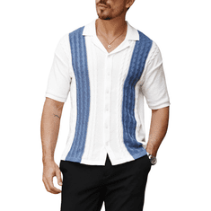 Nikcorp Moška polo majica Polówka pulover Slim Fit 100% poliester zračna elastična pletenina bela modri poudarki vzorec, kratek rokav ovratnik z gumbi L
