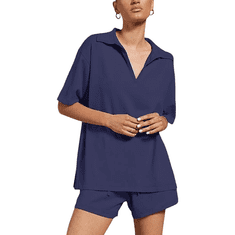 Nikcorp Ženska poletna trenirka komplet dvodelni casual udoben Navy Blue XXL majica s kratkimi rokavi in kratke hlače shorts elastičen pas