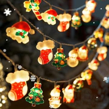 Nikcorp Božična LED girlanda za notranjo in zunanjo dekoracijo Mikołaj in snežaki 3 m 20 LED topla bela IP44 baterijsko napajanje, PVC plastika in bakrena žica (baterije niso vključene)