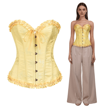 Ženski steznik Bustier, čipkast, vitka postava, rumena, velikost XS, 14 plastičnih opornic, sprednje zapenjanje na kljuke, zadnje šniranje do 10 cm, 90 % poliester, 10 % elastan, klasičen, eleganten