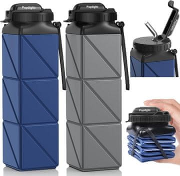 Nikcorp Zložljiva silikonska steklenica 610 ml komplet 2 kosa nepropustna z navojnim zamaškom temno siva prehranski silikon PP zložena 6,6 cm širok vrat za fitnes pohod pisarna BPA brez
