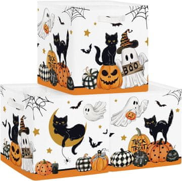 Nikcorp Komplet 3 škatel za shranjevanje Halloween posode z motivom črnih mačk buč in pajčevine 30 x 30 x 30 cm, tkanina z PE premazom, ojačana kovinska konstrukcija, vgrajeni ročaji, zložljive, kompatibilno