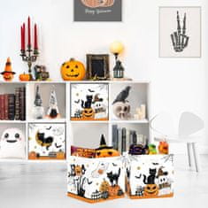 Nikcorp Komplet 3 škatel za shranjevanje Halloween posode z motivom črnih mačk buč in pajčevine 30 x 30 x 30 cm, tkanina z PE premazom, ojačana kovinska konstrukcija, vgrajeni ročaji, zložljive, kompatibilno
