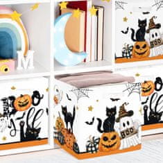 Nikcorp Komplet 3 škatel za shranjevanje Halloween posode z motivom črnih mačk buč in pajčevine 30 x 30 x 30 cm, tkanina z PE premazom, ojačana kovinska konstrukcija, vgrajeni ročaji, zložljive, kompatibilno