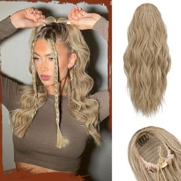 Nikcorp Nadgradni čop Wavy 45 cm sintetično vlakno elastika 2 vgrajeni sponki bež večplastni beach waves volumen