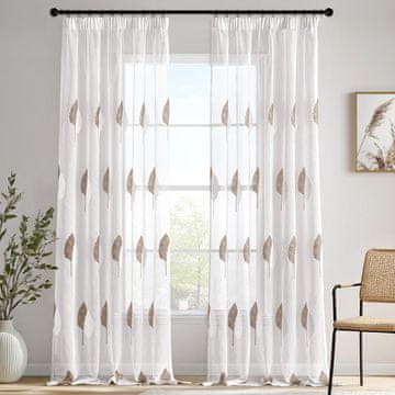 Nikcorp Zavesa z vezenim vzorcem listov komplet 2 ks Elegantni bielo rjavi polprozorna 140x260 cm, 100 % poliester, riasniaca páska
