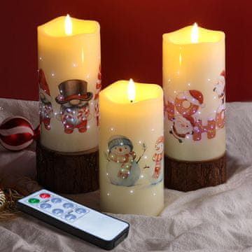 Nikcorp Komplet 3 božičnih LED sveč Božiček in snežak z daljinskim upravljalnikom 10–15 cm, premer 7,6 cm, vodoodporne in vetroodporne, časovnik, do 6 m, 3x AA (baterije)