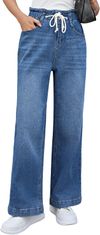 Nikcorp Ženske jeans hlače Wide Leg baggy z visokim pasom elastični pas s vrvico zadrga in 2 gumbov 5 žepov modre XXL, dolžina notranjega šiva 73,6 cm