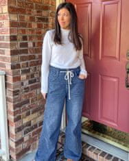 Nikcorp Ženske jeans hlače Wide Leg baggy z visokim pasom elastični pas s vrvico zadrga in 2 gumbov 5 žepov modre XXL, dolžina notranjega šiva 73,6 cm