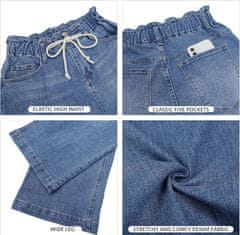 Nikcorp Ženske jeans hlače Wide Leg baggy z visokim pasom elastični pas s vrvico zadrga in 2 gumbov 5 žepov modre XXL, dolžina notranjega šiva 73,6 cm