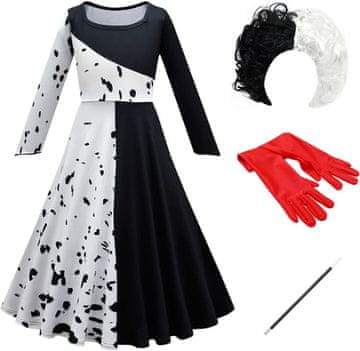 Disney Otroški kostim Cruella De Vil komplet 4 v 1 s parikom in rokavicami ter pripomočkom, črno-belo rdeči poudarki, polka pike, starost 15-16 let 15-16 let
