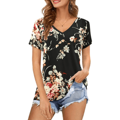 Nikcorp Ženska basic majčka T-shirt Basic rože Floral Elegantna poletna ohlapna črna L, kratek rokav, zračen elastičen material, loose fit, za vsak dan, pisarno in sprehod