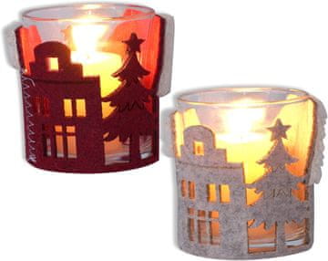 Nikcorp Praznični stekleni lampion set 2 kom z motivom hišk in smrečic matirano steklo 7,5x8,5 cm za sveče tea light večbarvni