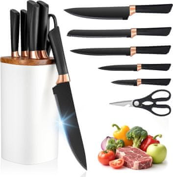 Nikcorp Kuhinjski noži set 6 kosov Kuhinjski izdelek 5 nožev + blok za nože bela, nerjavno jeklo z BO oxide premazom, kot brušenja 15 stopinj, dolžina noža 30 cm, kuhar 32 cm, univerzalni 23 cm, škarje 20
