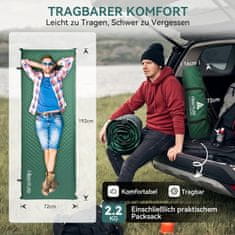 Nikcorp Samonapihovalna kamping podloga pena 192x72x5 cm temnozelena, avtomatsko napihovanje, 2 ventila, protizdrsno dno, znižanje hrupa 99%, izolacija od mraza in vlage