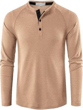 Nikcorp Moška majica Henley bež Wafelkova tekstura dolgi rokavi preklop s 3 gumbi scoop neck mešanica 65% poliester 30% rajon 5% elastan casual elegantna