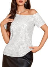 Nikcorp Ženska bleščeča bluza Dresstells off-shoulder, večerna koktajl s kratkimi rokavi, aplikacija z bleščicami, srebrna M