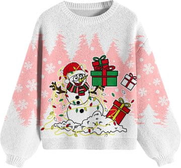 Nikcorp Ženski pleteni božićni džemper Christmas Jumper vianočne jednolične pletenine 2-slojni topel, okrugli izrez, dugi rukavi, ojačani šavovi, ružičasta M, jeleni i pahulje