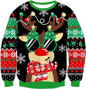 Nikcorp Božični otroški pulover z dolgim rokavom 3D potisk jelenčka za 11-12 let, z mešanico bombaž akril, okrogel izrez crew neck, za zimo in praznike