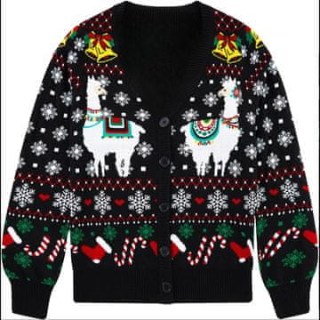 Nikcorp Ženski božični kardigan akrilni s gumbi Alpaka motivi črn V-izrez dolg rokav pleten pulover velikost L casual ugly sweater