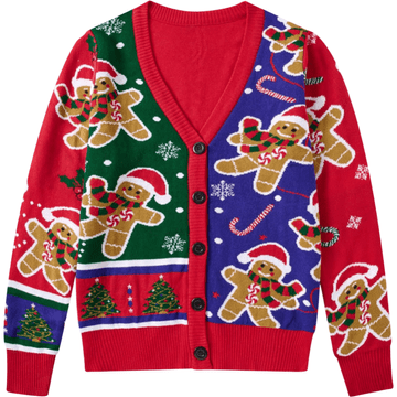 Nikcorp Ženski zimski kardigan XXL rdeč božični ugly sweater motiv božičnih piškotov, mehka akrilna vlakna, gumbi V-neck dolg rokav